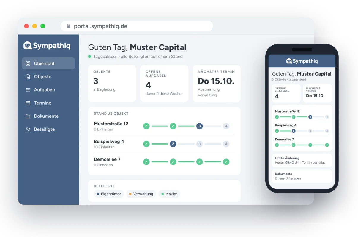 Sympathiq-Portal: tagesaktueller Stand je Objekt, Aufgaben und Termine, am Rechner und auf dem Handy